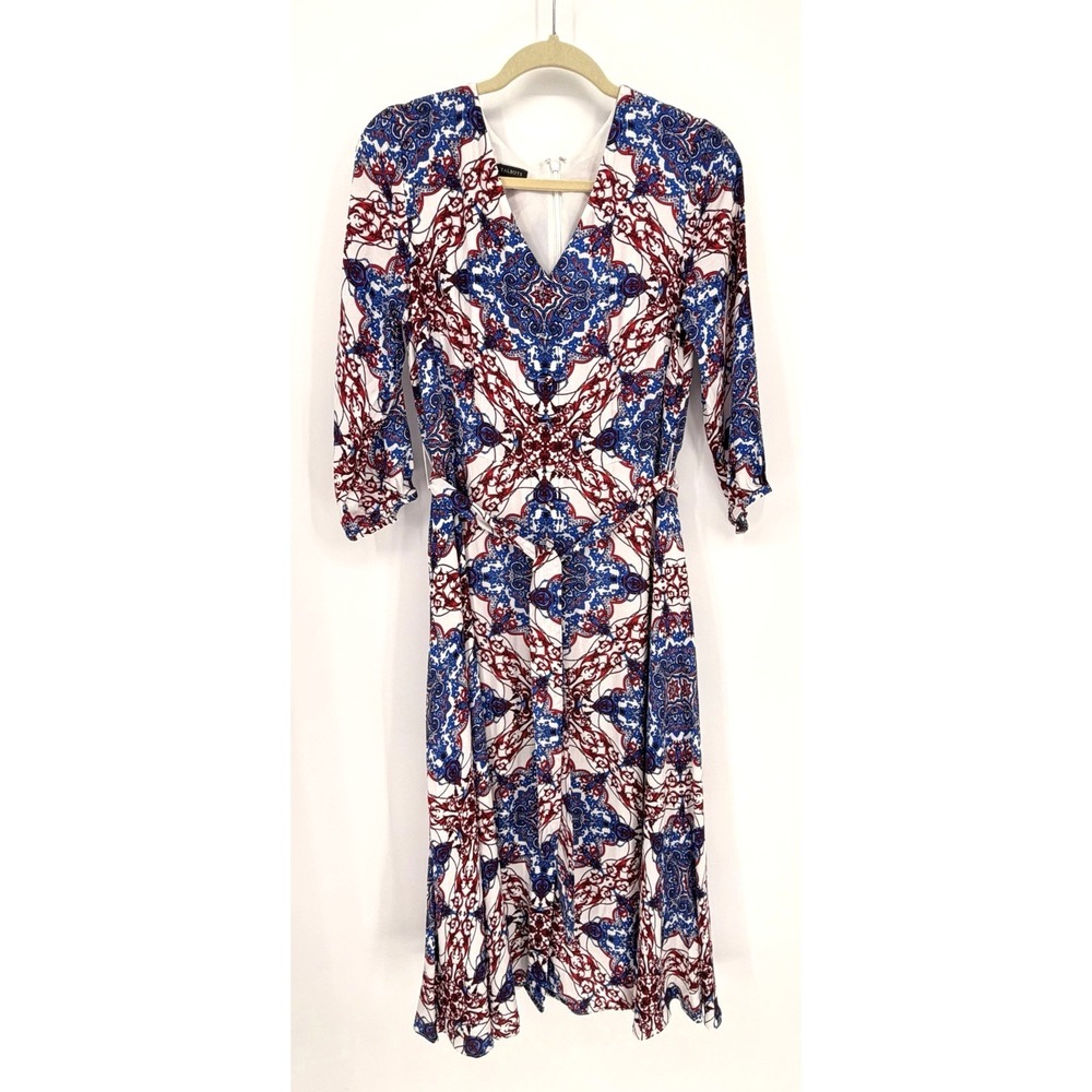 Talbots Shift Midi Dress Medallion Print V-Neck Preppy Classic Americana Size 10